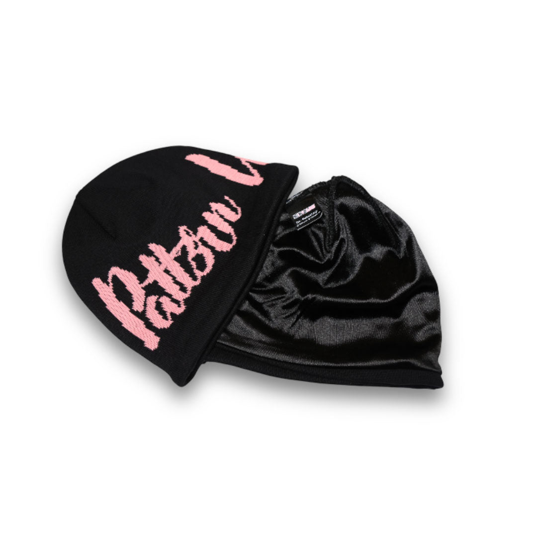 Patt3rn Up LDN Satin Lined Pink Script Beanie