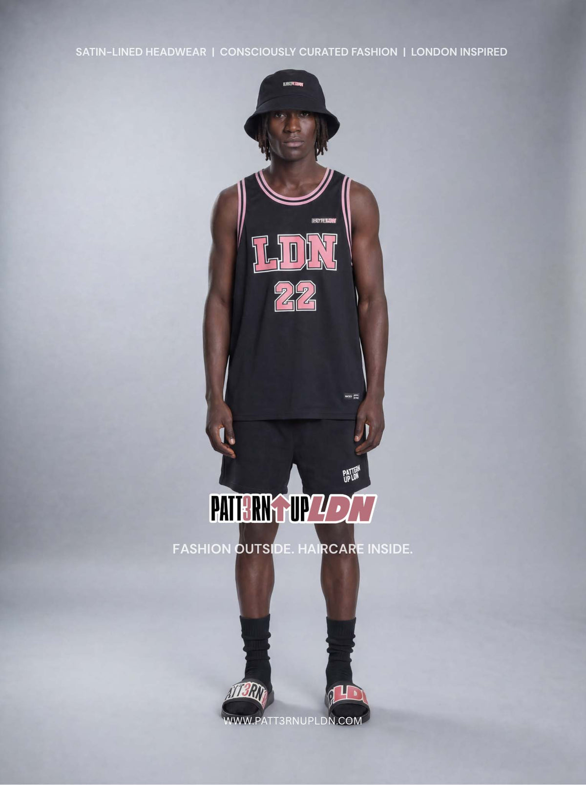 Patt3rn Up LDN Summer Outfit Set – Slides, Shorts, Jersey Top & Satin Lined Bucket Hat