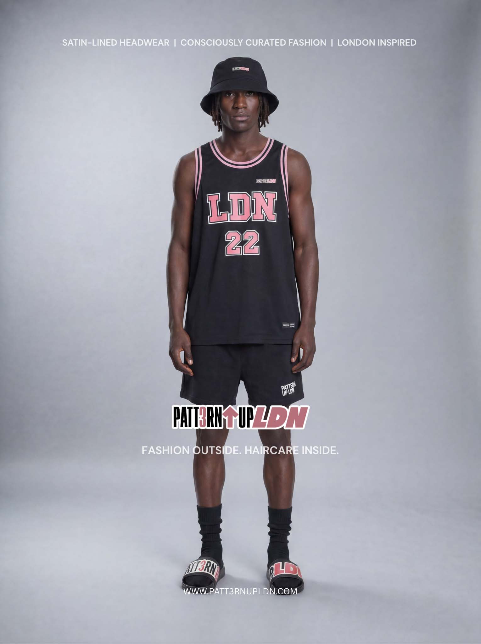 Patt3rn Up LDN Summer Outfit Set – Slides, Shorts, Jersey Top & Satin Lined Bucket Hat