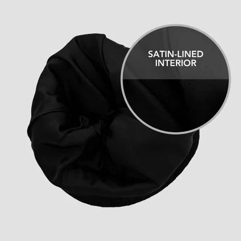 Satin lined beanie for hair protection designed for curly hair, locs, braids, wigs and skull caps. Helps reduce friction, prevent breakage, control frizz and retain moisture for healthier hairstyles