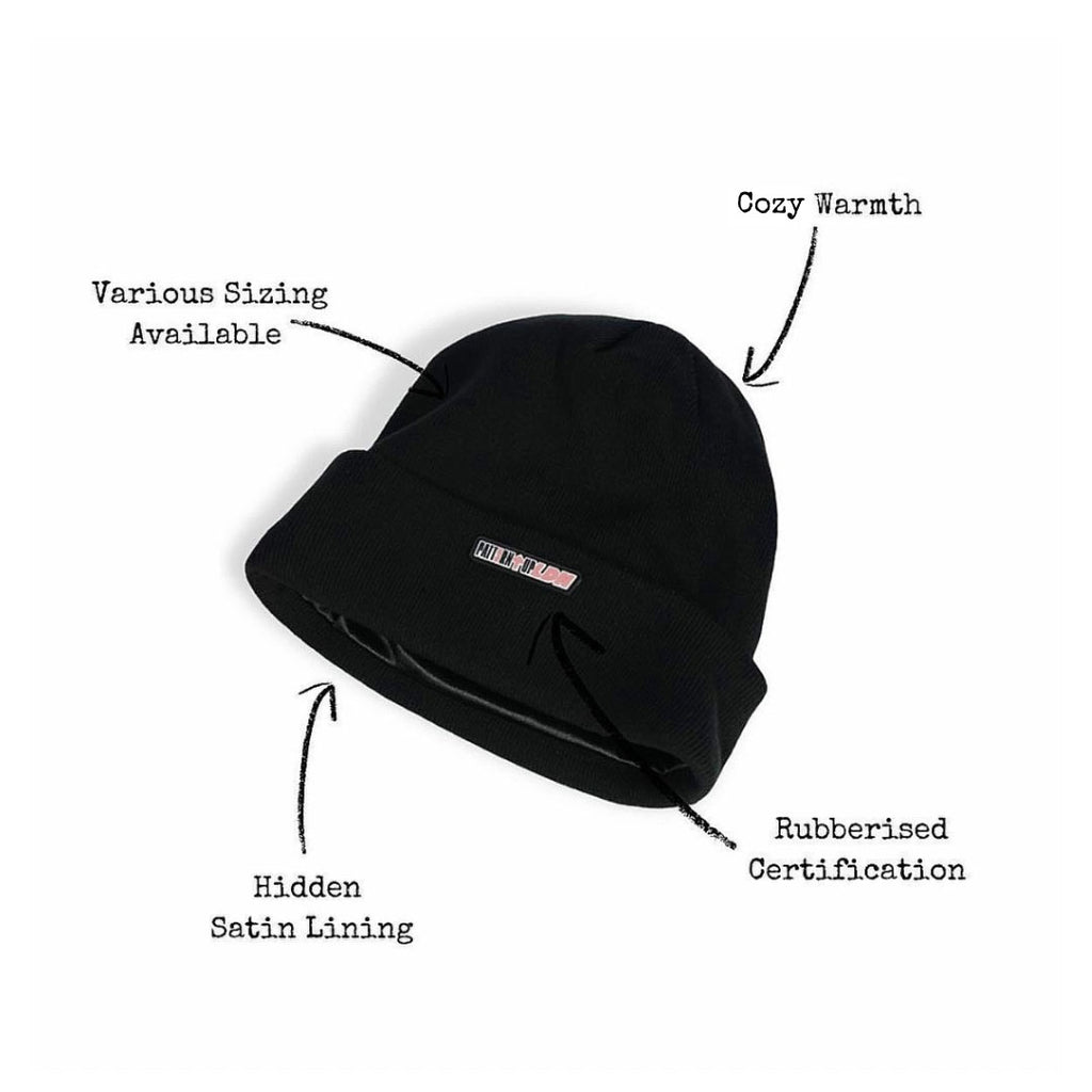 Satin lined beanie for hair protection designed for curly hair, locs, braids, wigs and skull caps. Helps reduce friction, prevent breakage, control frizz and retain moisture for healthier hairstyles