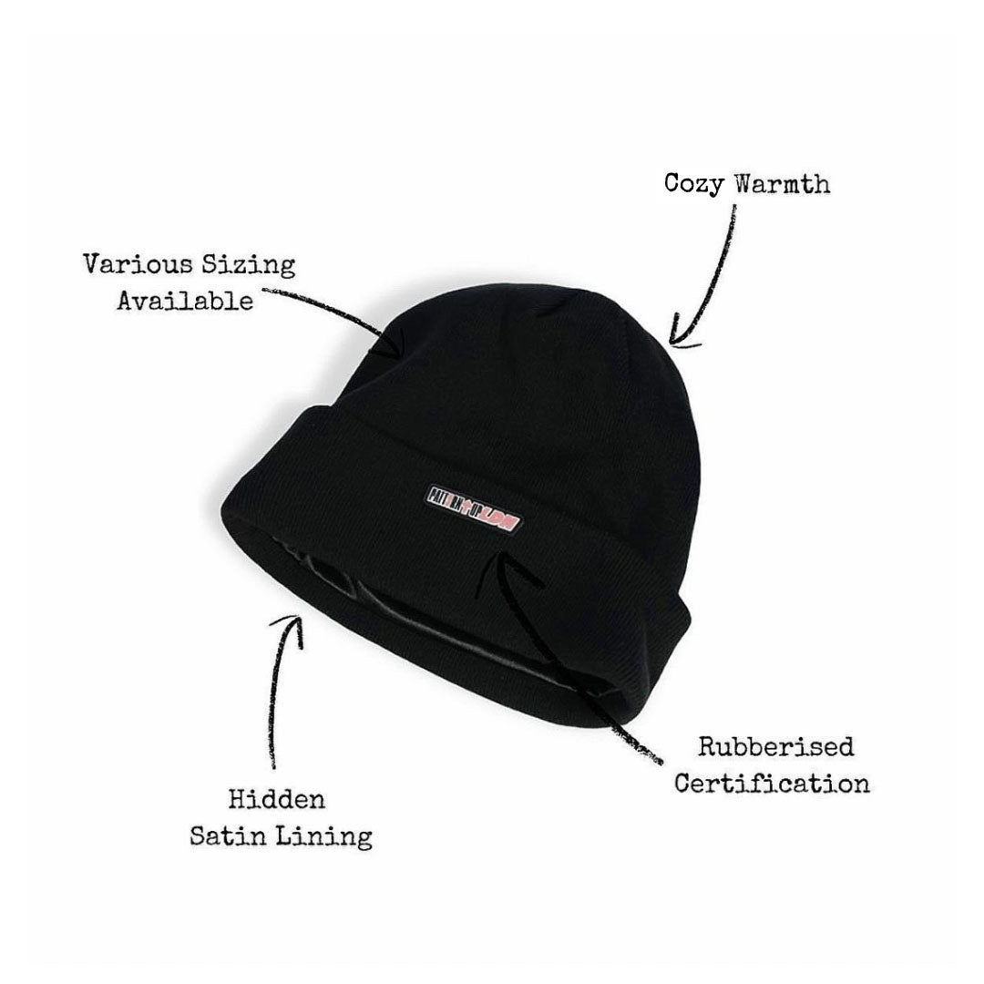Satin lined beanie for hair protection designed for curly hair, locs, braids, wigs and skull caps. Helps reduce friction, prevent breakage, control frizz and retain moisture for healthier hairstyles
