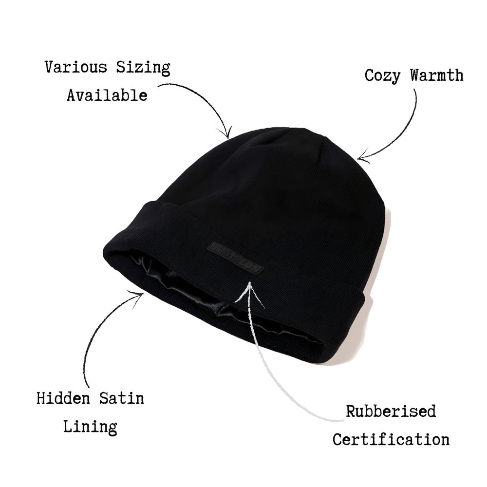 Satin lined beanie for hair protection designed for curly hair, locs, braids, wigs and skull caps. Helps reduce friction, prevent breakage, control frizz and retain moisture for healthier hairstyles
