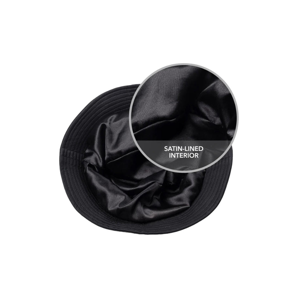 Satin lined bucket hat for hair protection designed for curly hair, locs, braids, wigs and skull caps. Helps reduce friction, prevent breakage, control frizz and retain moisture for healthier hairstyles