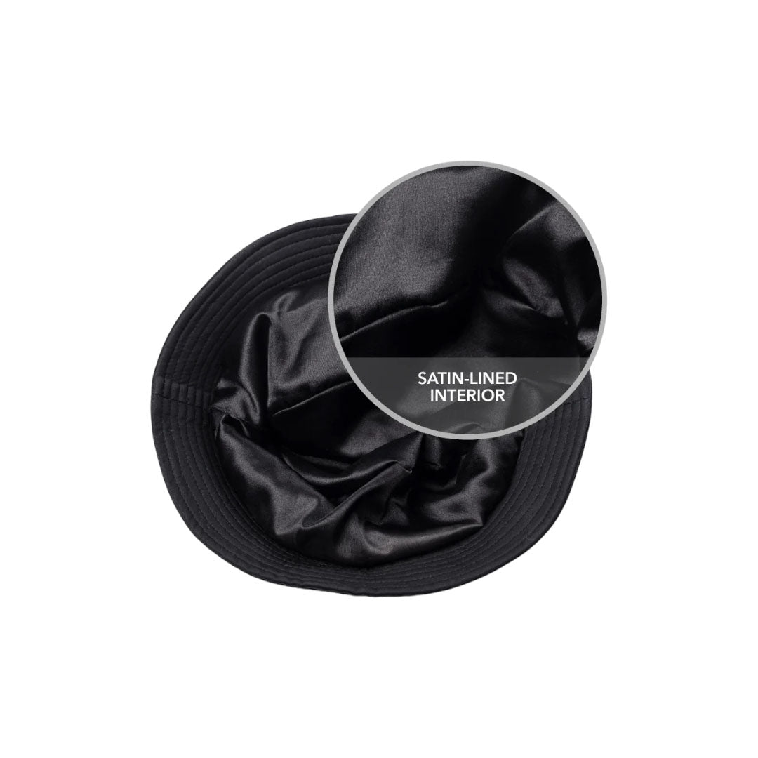 Satin lined bucket hat for hair protection designed for curly hair, locs, braids, wigs and skull caps. Helps reduce friction, prevent breakage, control frizz and retain moisture for healthier hairstyles