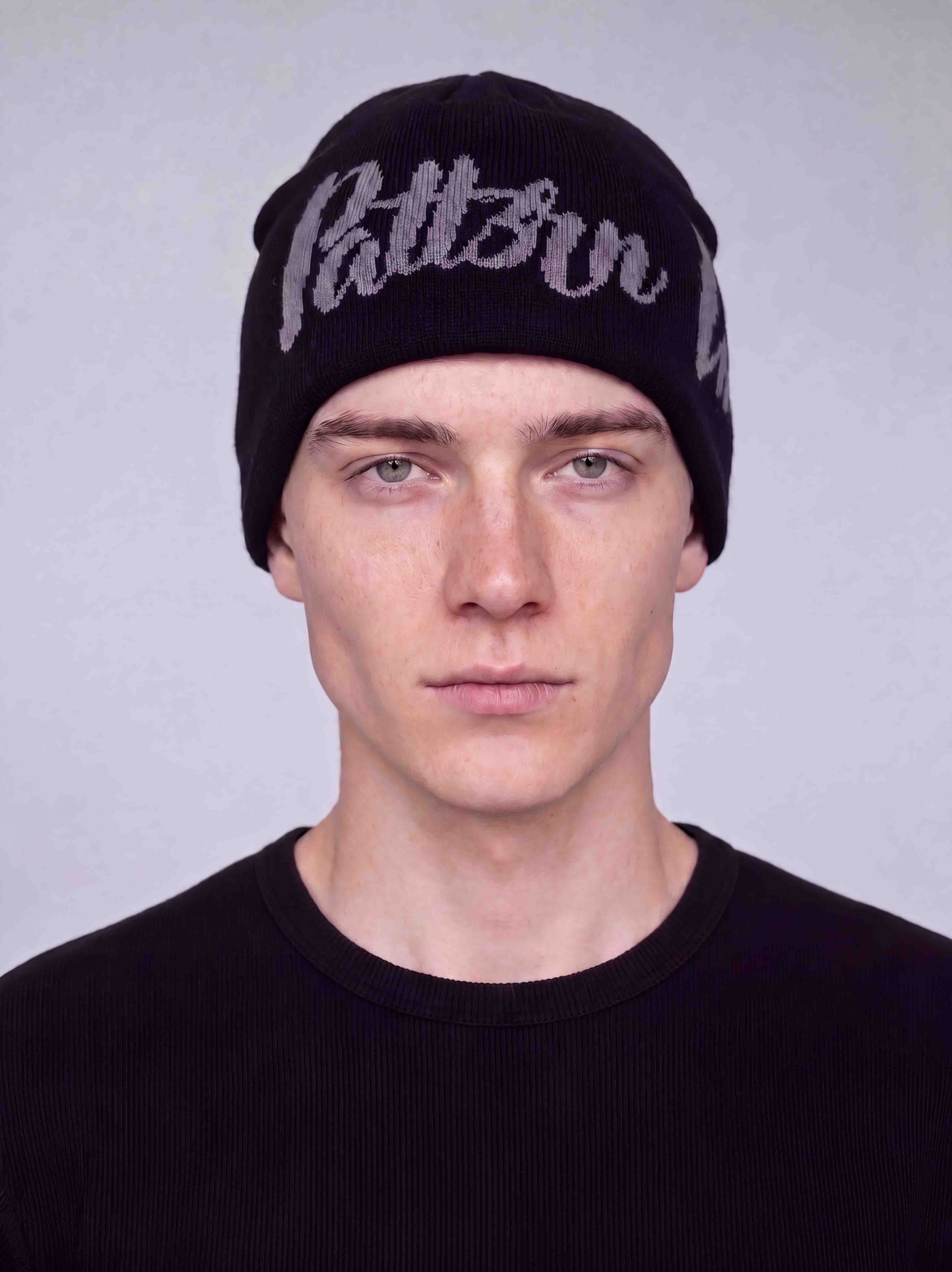Grey satin lined script beanie with embroidered Patt3rn Up LDN script for hair protection and moisture retention