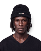 Black satin lined FUZZY MOHAIR beanie by Patt3rn Up LDN helping to reduce hair breakage, prevent frizz and retain moisture for curly, coily and textured hair.