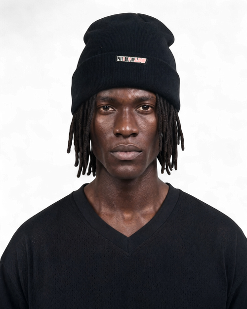 Black satin lined beanie by Patt3rn Up LDN helping to reduce hair breakage, prevent frizz and retain moisture for curly, coily and textured hair.